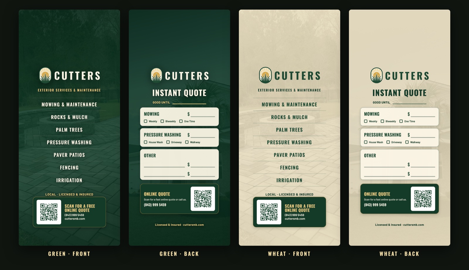 The Foundation in use: the Cutters Lawn Care brand and door-hanger set we designed, in two colorways